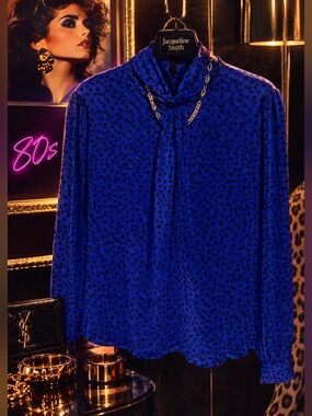 Jaclyn Smith | Cobalt Blue Blouse with Black Polka Dots and Tie Neck NWOT